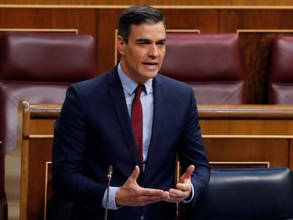  El presidente del Gobierno, Pedro Sánchez, durante su intervención en el pleno del Congreso que debate y vota este miércoles la quinta prórroga del estado de alarma.