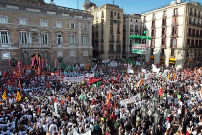 Demonstrators in Barcelona's Sant Jaume plaza, home to the regional government headquarters.