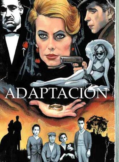 Cartel de Fernando Vicente sobre libros adaptados al cine, de izquierda a derecha y de arriba abajo: &#39;El padrino&#39;, &#39;Tristana&#39;, &#39;El halcón Maltés&#39;, &#39;Lolita&#39;, &#39;El señor de los anillos&#39; (centro), &#39;Lo que el viento se llevó&#39; y &#39;Los santos inocentes&#39;.