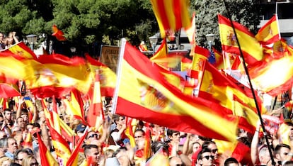 Banderas espa&ntilde;olas en la manifestaci&oacute;n  por la unidad de Espa&ntilde;a en la plaza de Col&oacute;n de Madrid. 