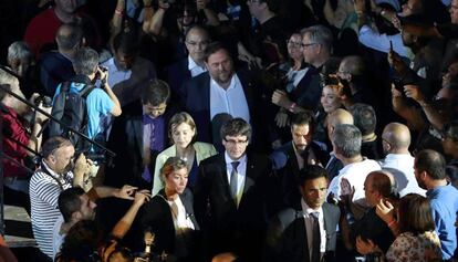 Puigdemont, Forcadell i Junqueras en l'acte d'obertura de la campanya, dijous.