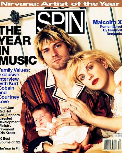 Kurt, Courtney y su hija Frances Bean en la portada de Spin en diciembre de 1992.