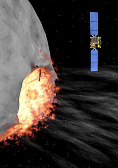 Ilustración de la misión Don Quijote de impacto en un asteroide.