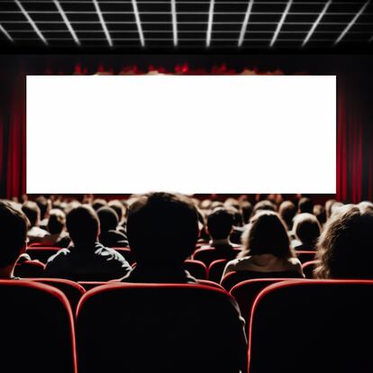 Cinema blank screen and people in red chairs in the cinema hall. Blurred People silhouettes watching movie performance.