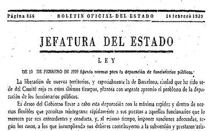 Decret del BOE de febrer de 1939 sobre depuració de funcionaris.