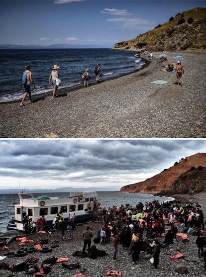 En la imagen superior, turistas pasean por una playa cerca de Skala Sykamineas, en la isla de Lesbos (Grecia), el 3 de agosto de 2018. En la imagen inferior, un grupo de migrantes consigue llegar a esa misma playa el 29 de octubre de 2015.