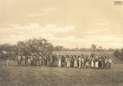 Enslaved workers carry hoes and baskets to work in the fields, in a lithograph published around 1860.