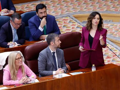 La presidenta de la Comunidad de Madrid, Isabel Díaz Ayuso, este jueves en el pleno de la Asamblea.