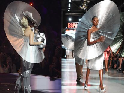 A la izquierda, Lady Gaga con un diseño de Paco Rabanne; derecha, el mismo vestido sobre la pasarela de París en octubre. <a href="http://www.elpais.com/fotografia/gente/tv/Planeta/Gaga/elpepucul/20111107elpepuage_3/Ies/" target="_blank">Ver imagen ampliada.</a>