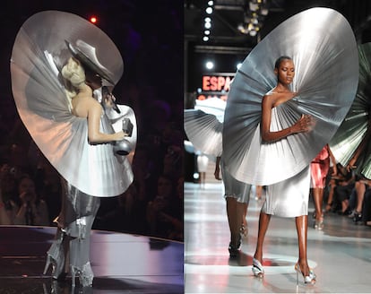 A la izquierda, Lady Gaga con un diseño de Paco Rabanne; derecha, el mismo vestido sobre la pasarela de París en octubre. <a href="http://www.elpais.com/fotografia/gente/tv/Planeta/Gaga/elpepucul/20111107elpepuage_3/Ies/" target="_blank">Ver imagen ampliada.</a>