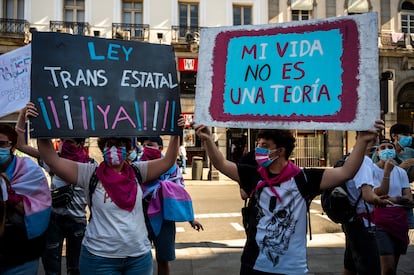 Varias personas trans con pancartas durante la semana del orgullo LGTBI en Madrid en julio de 2020.