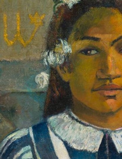 Detalle de 'Los antepasados de Tehamana o Tehamana tiene muchos padres (Merahi metua no Tehamana)', de Gauguin, de 1893.