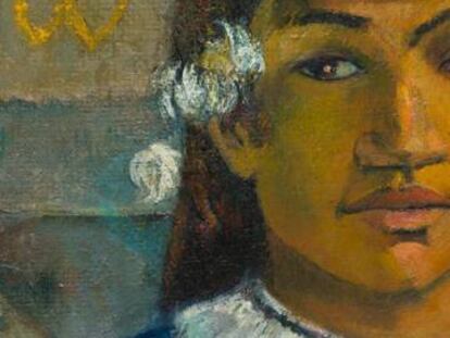 Detalle de 'Los antepasados de Tehamana o Tehamana tiene muchos padres (Merahi metua no Tehamana)', de Gauguin, de 1893.