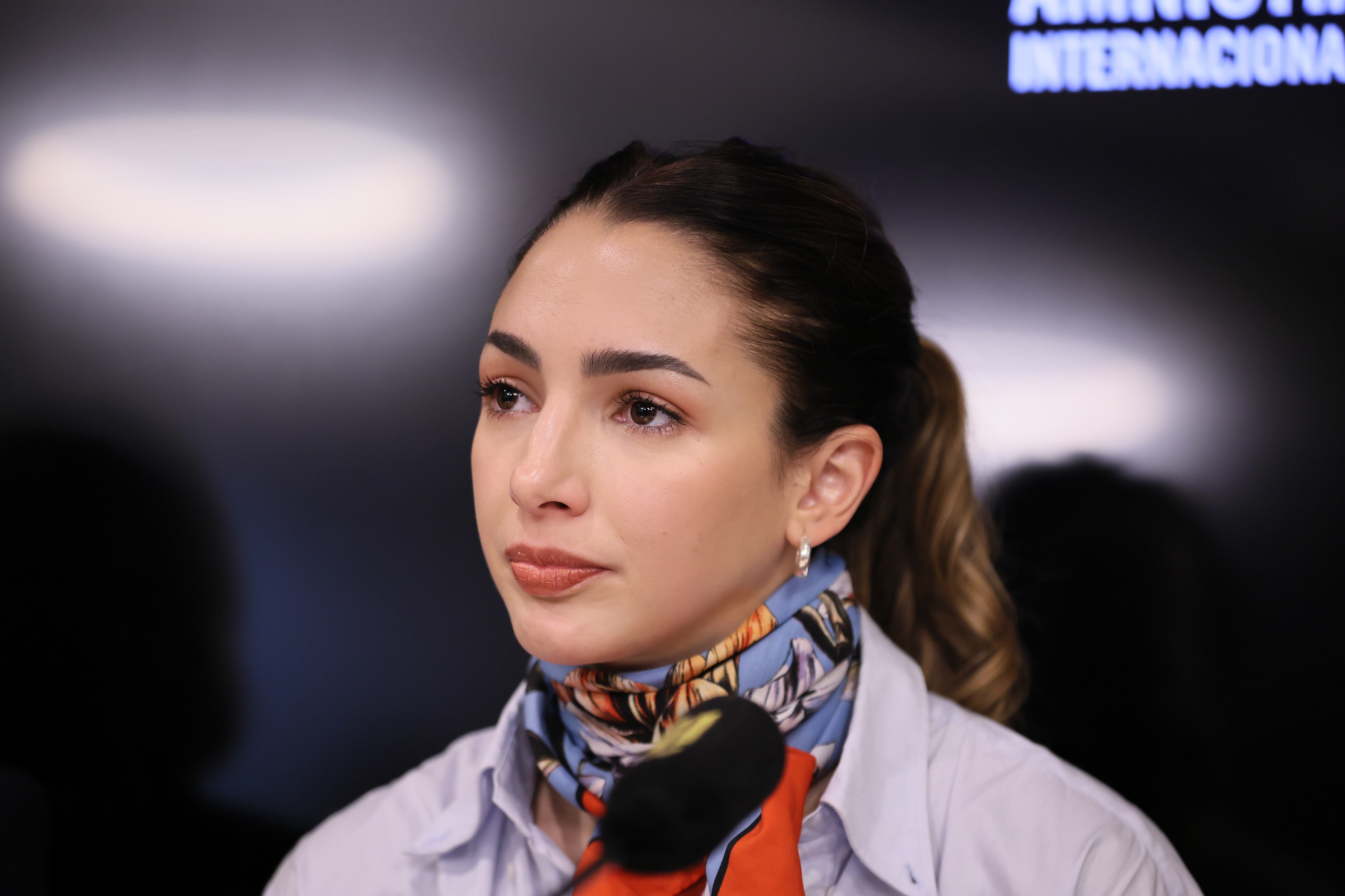 La actriz  Thelma Fardín en una rueda de prensa, este lunes en Buenos Aires (Argentina).