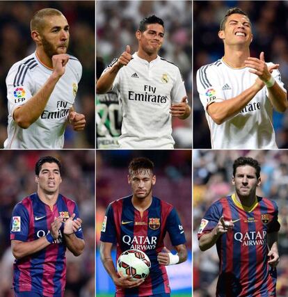 Fotomuntatge en el qual apareixen Benzema, James i Cristiano del Madrid, i Luis Suárez, Neymar i Messi del Barça.