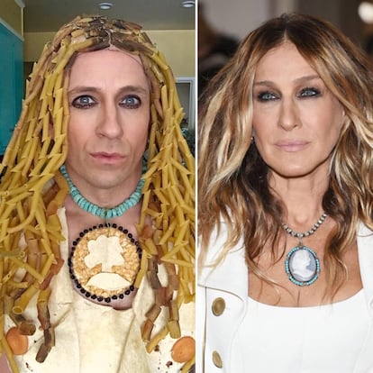 Una peluca a base de macarrones, un collar con una tortita de maiz y unas tortillas de harina forman el 'look' más gastronómico de Lenk, que imita a Sarah Jessica Parker.