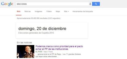 Búsqueda de Google con la fecha del 20 de diciembre para las elecciones.