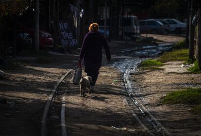 Una mujer camina por unas vías abandonadas junto a su perro en un suburbio de Buenos Aires.