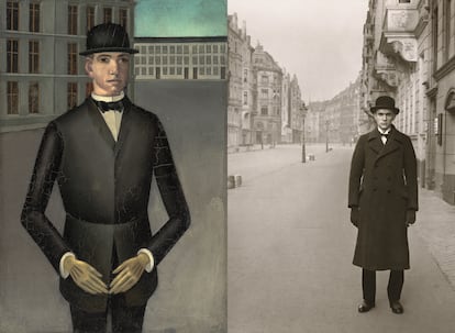 A la izquierda, el óleo 'Junger Mann' (1921), de Anton Räderscheidt. A la derecha, 'Maler' (1926), retrato del pintor Anton Räderscheidt por el fotógrafo August Sander, que parece retomar los rasgos del modelo de su cuadro.