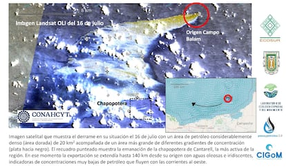 Una imagen satelital muestra el estado del derrame de Ek Balam Tango Alpha, el 16 de julio.