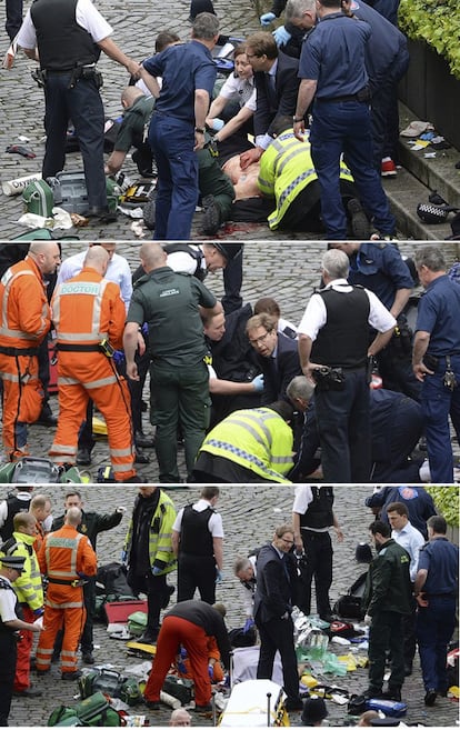 Secuendia de tres fotos donde se aprecia al parlamentarioTobias Ellwood (centro) mientras ayuda junto a los servicios de emergencia a reanima al policía apuñalado.