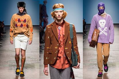 El look preppy de boy scouts y tenista, se alterna con accesorios inquietantes en el desfile de Beyond Closet en la pasarela de Londres.