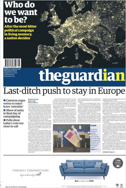 Reino Unido decide sobre su futuro y el de toda Europa. Estas son las principales portadas de los periódicos de Reino Unido. En la imagen, portada de 'The Guardian'.