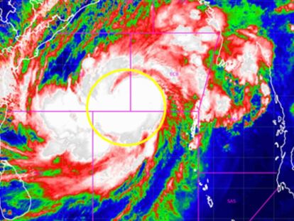 This satellite image provided by India Meteorological Department shows storm Mocha intensify into a very severe cyclonic storm.