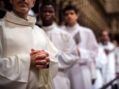 Sacerdotes durante la celebración del Corpus Christi, el pasado 8 de junio en Toledo.