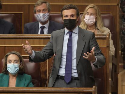 El líder del PP, Pablo Casado, interviene en la sesión de control al Gobierno en el Congreso, el pasado miércoles.