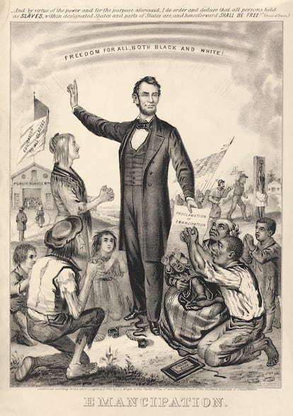 'Freedom for All, Both Black and White', honoring Abraham Lincoln's Emancipation Proclamation freeing American slaves.