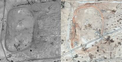 Dos imágenes del norte y el noroeste de la necrópolis de Palmira, tomadas el 10 de octubre de 2009 (izquierda) y el 26 de octubre de 2014 (derecha). Al compararlas se puede observar que ahora una carretera atraviesa la necrópolis, franqueada por restos arqueológicos.