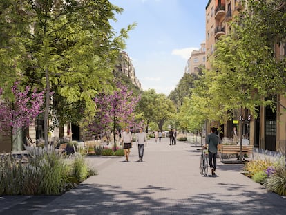 La calle de Rocafort, actualmente en obras, se convertirá en un "eje verde" dentro del programa Superilla Barcelona, en una imagen virtual.