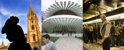 De izquierda a derecha, la silueta de la escultura de <i>La Regenta,</i> frente a la catedral de Oviedo; el nuevo Palacio de Exposiciones y Congresos de Santiago Calatrava, y  la sidrería Terra Astur.