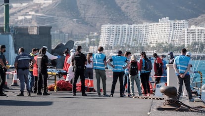 Equipo de Frontex, uniformados con su chaleco azul, desplegado en el puerto grancanario de Arguineguín, en una imagen de 2021.