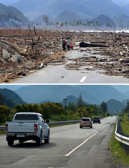 En la parte superior de la composición se puede observar la principal carretera de la provincia costera de Aceh Besar completamente cubierta con los restos de árboles y construcciones, intransitable dos semanas después del tsunami. En la parte inferior de la composición, la misma carretera completamente despejada y rodeada de vegetación en la actualidad. Fotografías hechas el 9 de enero de 2005 por Choo Youn-Kong y el 29 de noviembre de 2014 por Bay Ismoyo.