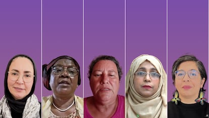 De izquierda a derecha, Fariba Quraishi, Fatimata Touré, Rehana Parvin, Evangelina Contreras y Edith Espínola.