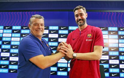 Xavi Pascual y Raúl Entrerríos, poco antes de una rueda de prensa para hablar sobre la Final Four de Colonia.