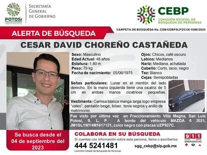 Ficha de búsqueda con la fotografía de David Choreño y su auto.