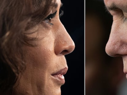 (COMBO) This combination of pictures created on October 6, 2020 shows Democratic vice presidential candidate Kamala Harris on June 27, 2019 and US Vice President Mike Pence on March 15, 2020. - Harris hopes to deploy her former prosecutor's repertoire against Pence on October 7, 2020, during the only televised debate between the candidates for the vice-president of the United States. (Photos by SAUL LOEB and JIM WATSON / AFP)