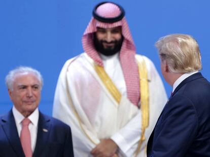 O presidente Michel Temer, o princípe da Arábia Saudita Mohammed bin Salman e o presidente dos EUA Donald Trump.