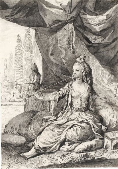 'Mujer oriental bajo un toldo', dibujo de José Camarón y Bononat (214 x 149 mm.) c. 1771-1780