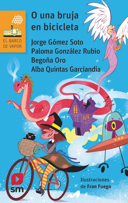Portada de 'O una bruja en bicicleta', de Begoña Oro Pradera, Alba Quintas Garciandia, Jorge Gómez Soto y Paloma González Rubio, ilustrado por Fran Fuego y editado por SM.