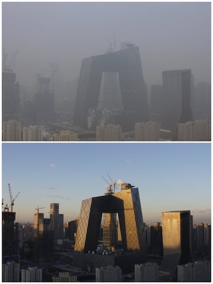 A combination photo shows the China Central Television (CCTV) building and the Central Business District (CBD) area on a smoggy day on November 28, 2015 (top), and on a sunny day on December 2, 2015 (bottom), after a fresh cold front cleared the smog that was blanketing Beijing, China. REUTERS/Stringer CHINA OUT. NO COMMERCIAL OR EDITORIAL SALES IN CHINA 