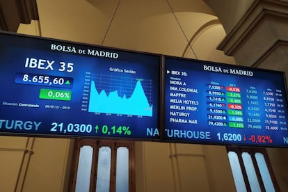 Paneles de la Bolsa de Madrid.