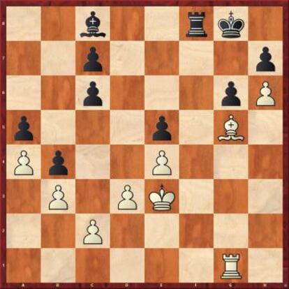 En una posición ya muy inferior por sus errores anteriores, Carlsen jugó aquí 32 ...Rf7, que permite pasar a un final totalmente ganado por las blancas tras 33 Tf1+