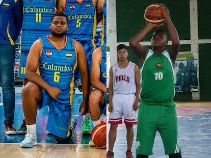 (Izquierda) Christian David Mosquera Durán con el equipo falso de baloncesto colombiano durante la Copa de la Amistad. (Derecha) Christian David juega baloncesto en una foto de sus redes sociales.