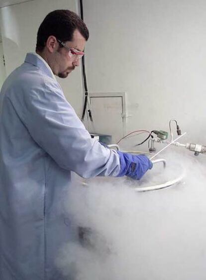 Un técnico manipula un tanque de congelación en un banco de esperma.
