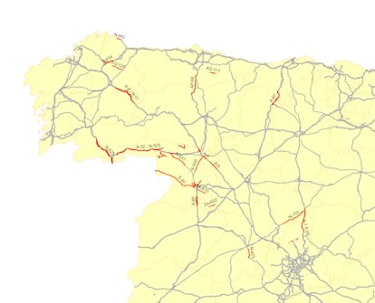 Mapa con las carreteras donde se han producido  más atropellos de lobos en 10 años.