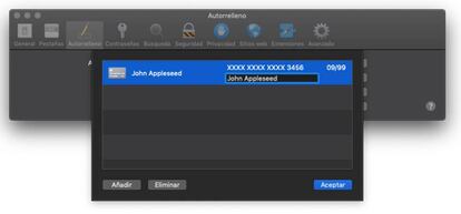 Añadir tarjeta bancaria en Safari.